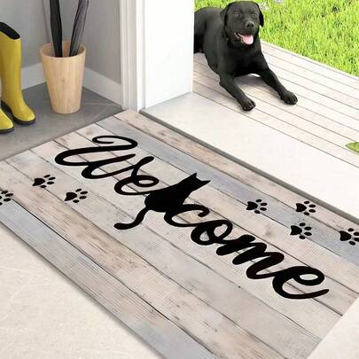 1pc Wood Grain Stripe, Black Letter, Cat Silhouette & Paw Print Pattern Anti-Slip Kitchen Mat, Holiday Party Decor Rug, Non-Slip Oil-Proof Doormat, Quick Dry Carpet For Kitchen, Hallway, Bathroom, Laundry Room