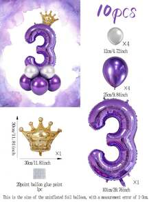 10pcs 40-Inch Purple 0-9 Number Balloons Set, Gold Crown Balloons, Metallic Silver & Purple Latex Balloons, Suitable For Birthday Party, Event Decoration - Multicolor - View 9