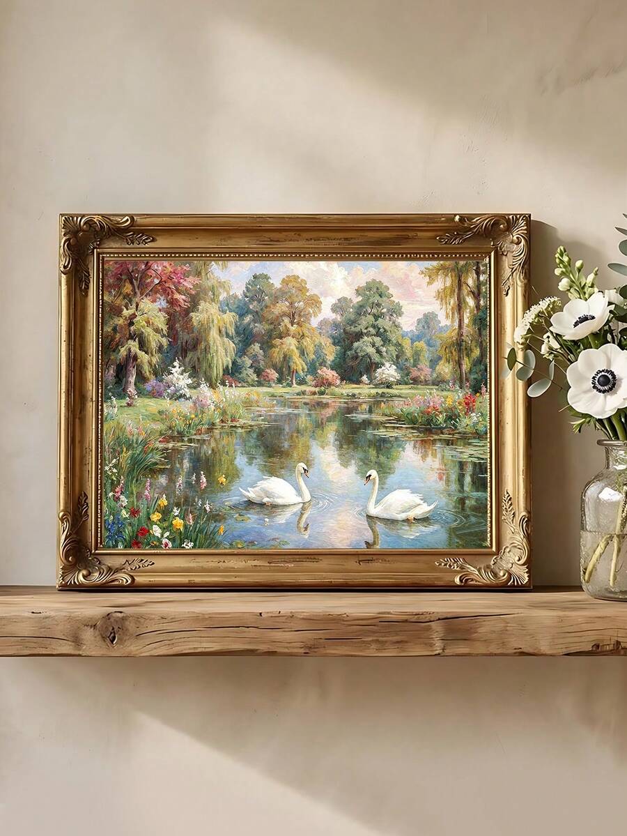 1pc Swans Landscape Painting, French Country Vintage Romantic Swan Couple Art Print, Festival Gift,Suitable For Bedroom,Living Room, Office,Wall Arts,Wall Decor,Home Decor,Room Decor, Canvas Wall Art, Posters, Wall Art With Frame, Optional Frame ﻿ ﻿ - 1PCS - View 1