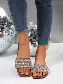 1 Pair Plus Size Shiny Gold Color, Rhinestone & Double Pearl Decor Slides, Elegant & Fashionable For Party, Vacation, Beach, Comfortable Slip-On Flat Mules, Suitable For Daily Wear, Size 41-42-43 - Chocolate Brown - View 5