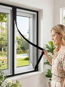 Zippered Window Screen Mesh Set | High-Density PP Nano Mesh, Mosquito & Insect Protection | Self-Adhesive Hook And Loop Installation, Easy Access To Window Handle - Black Zipper Style - View 2