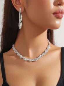 1条编织全镶钻项链，1对编织全镶钻耳环，百搭首饰套装，适合搭配婚纱、晚礼服 - 銀色 - 查看 8