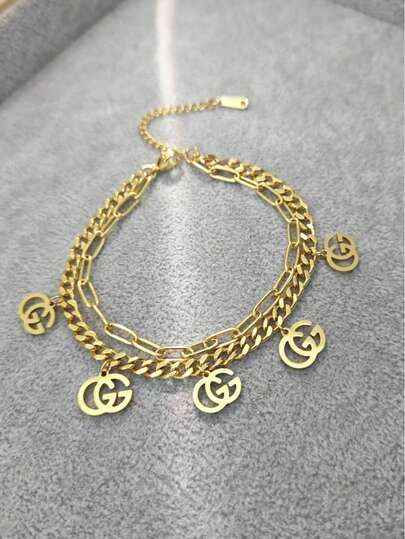 1 pieza Pulsera ajustable con colgante doble G, combinando suavidad y frescura, pulsera de cadena de doble capa elegante y lujosa