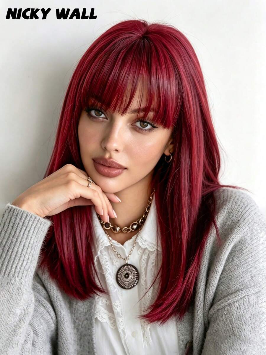 18 Inch Medium Long Straight Hair Wig With Bangs Burgundy Wigs For Women High Quality Soft Synthetic Fiber Wig For Girls Daily Party Use