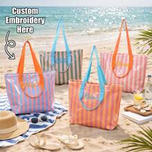 Bolso Tote a Rayas de Gran Capacidad Personalizado para Niña, Bolso de Hombro Casual de Moda con Cremallera y Bolsillo Interior, Bolso de Viaje y Playa, Bolso de Uso Diario - Multicolor - Ver 1