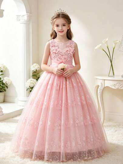 Girls' Floral Dress, Elegant Princess Gown, Long Formal Dress For Wedding, Birthday Party, Runway Show, Piano Recital, Evening Gown