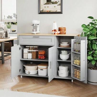 Large Mobile Kitchen Table (L132.5 X W44(70) X H90 Cm), Foldable Worktop, Oak Grain, Multifunctional Cabinet, Spice Rack, Towel Rail, 5 Casters, Suitable For Kitchen/Dining/Home