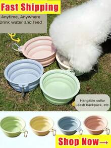 Tigela dobrável para animais de estimação na cor macaron, ideal para viagens ao ar livre, camping e passeios. Pode ser usada como bebedouro e comedouro para cães e gatos. Inodora, com mosquetão. Também pode ser usada como garrafa de água ou tigela de camping. Alimentador de silicone para animais de estimação com gancho para pendurar. - Multicolorido - Ver 7