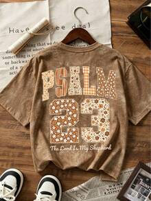 Psalm 23 Floral Pattern T-Shirt, Christian Faith Graphic Tee, Vintage Washed Casual Short Sleeve Summer Vacation - Brown - View 3