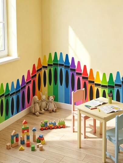 1pc 9.8ft Colorful Crayon Classroom Wall Decor Fabric, Back To School Classroom Wall Decoration Background With Cuttable Adhesive Dots, Suitable For Preschool Graduation, 3D Asymmetrical Shape Banner For Birthday Party, Pencil Bulletin Board Decor With Cuttable Adhesive Dots For Game Room, Nursery Wall Corner Decor, Applicable For Kids Room, Preschool, Door, Window, Bedroom