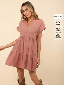 Vestido de muñeca de bebé de manga corta y ala de murciélago con volantes, escote de pico con muescas y unicolor para mujer en verano - Rosa vieja - Ver 1