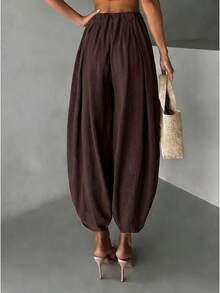 Women Harem Pants Elastic High Waist Loose Casual Wide Leg Tapered Ankle Pants Lightweight Lounge Pants - 紅褐色 - 查看 2