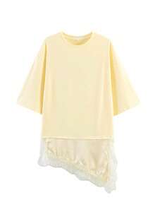 2026 Camiseta casual de verano para mujer con elegante encaje vintage y bajo asimétrico, moda de calle con cuello redondo y manga corta para primavera - Amarillo - Ver 6
