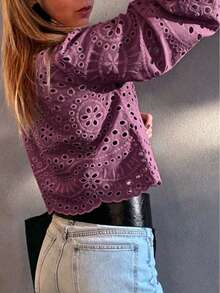 Camisa casual bordada para mujer, versátil para uso diario y vacaciones - Color caoba - Ver 7