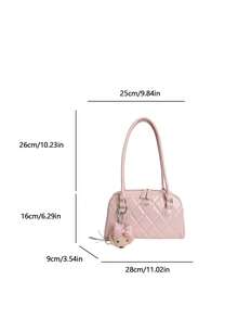 Women's Retro Solid Color PU Leather Shoulder Bag, Large Capacity Multi-Pocket Design With Detachable Decorative Pendant - Pink - View 8
