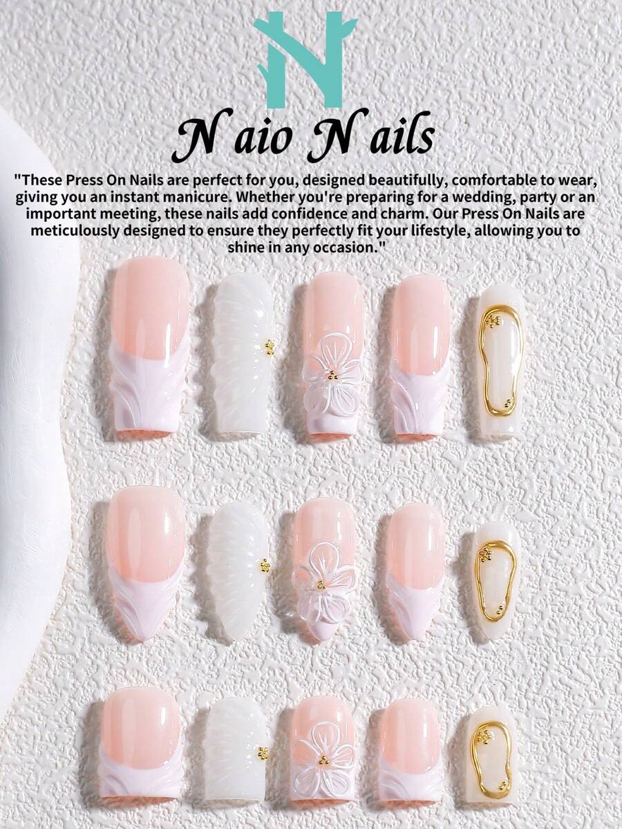 NAIO 10片/套 手工美甲贴片,三种尺寸可选:棺材形/杏仁形/短方形甲片,Y2K 复古风,裸色、白色和金色法式边饰,压花花卉和波浪图案,几何金色边框指甲油,以及镶嵌金珠的假指甲。乳霜质地,适合女性和女孩,可用于派对、日常佩戴,附赠工具包,是送给女士美甲爱好者的绝佳礼物。 - 彩色 - 查看 1