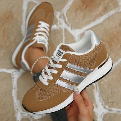 New Mesh Platform Increase Height Shoes For Women, Retro Striped Thick Sole Casual Sneakers, Breathable Tall Increase Running Shoes, Multi-Color Options, Versatile Big Size Student Shoes, Commuting & Casual Wear