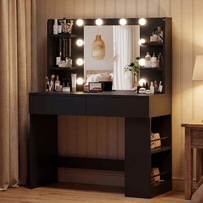 Devoko Large Dressing Table With Adjustable LED Lighting, Mirrored Dressing Table, With 7 Drawers, 4 Open Shelves And 2 Power Outlets, Suitable For Bedrooms, White