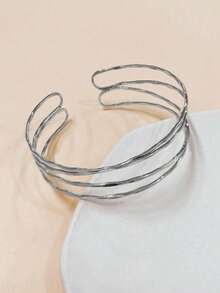 1 pieza Brazalete abierto minimalista de línea geométrica para mujer, color dorado para uso diario, joyería - Plateado - Ver 5