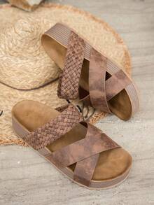 1 Pair Women's Summer New Soft Bottom Thick Sole Slip-On Crossover Beach Slippers, Lightweight Outdoor Woven Strap Sandals - Coffee Brown - View 6