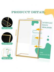 6pcs 4 X 6 Inch Gold Acrylic Sign Holder, Photo Frame, Vertical Desktop Sign Holder, Transparent Back Menu Display, Suitable For Wedding, Restaurant, Office, Store, Hotel - Multicolor - View 3