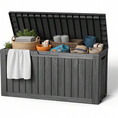 85 Gallon Outdoor Storage Box, Resin Waterproof UV-Resistant Deck Box, Reinforced Stability For Patio, Garden, And Poolside, Striped Black