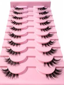 10对/盒 自然卡通猫眼假睫毛，10毫米卷翘蓬松纤维，适合女性派对卡通眼妆，假睫毛 - 黑色 - 查看 5
