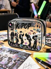 1个K-Pop偶像主题PVC化妆包，拉链密封PVC旅行收纳包，印有K-Pop标志，韩国流行文化设计，轻便防水，适合女性和女孩的化妆和洗漱包，便携式化妆箱，易于清洁 | 现代美学 | 防褪色材质，旅行必备，夏季，返校用品包，学校洗漱包，防水化妆包 - 彩色 - 查看 2