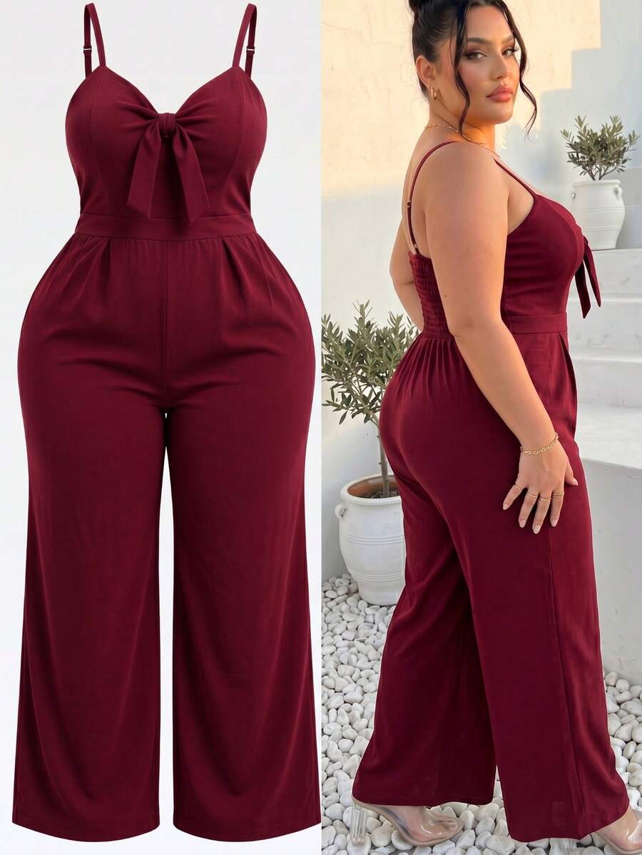 Wide Leg Plus Size Jumpsuit With Neckline - Đỏ sẫm - Xem 1