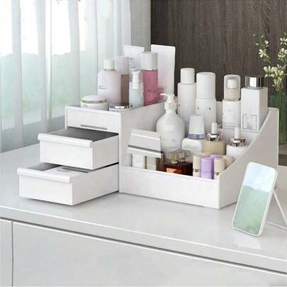 1pc Desktop Cosmetic Storage Box, Multi-Compartment Plastic Organizer For Cosmetics, Skincare, Stationery And Face Masks, Portable Independent Vanity Holder, Minimalist Design Suitable For Bedroom, Dorm, Desk, Makeup Organizer, Dorm Essential, Drawer Organizer