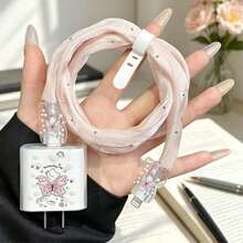 防震猫咪主题数据线保护套，猫咪蝴蝶造型充电适配器及数据线保护套套装，耐用型18-20W苹果充电线保护壳，防断裂数据线整理器，兼容苹果17/16/15/13/14充电器，春季母亲节生日礼物 - 彩色 - 查看 2