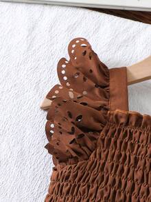 Girls' Summer Solid Color Dress, Sweet Vintage Style, Exquisite Hollow-Out Detail Design, Perfect For Daily Wear Or Photoshoots - Rust Brown - View 4