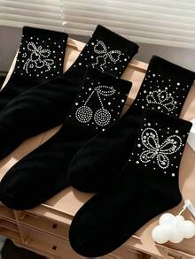 5 Pairs Kids Boat Socks, European & American Style Printed & Rhinestone Socks, Rhinestone Design Teenage Socks, Sweet Lady Princess Girl Gift, Back To School Student Daily & Sports Ankle Socks - Black - View 1