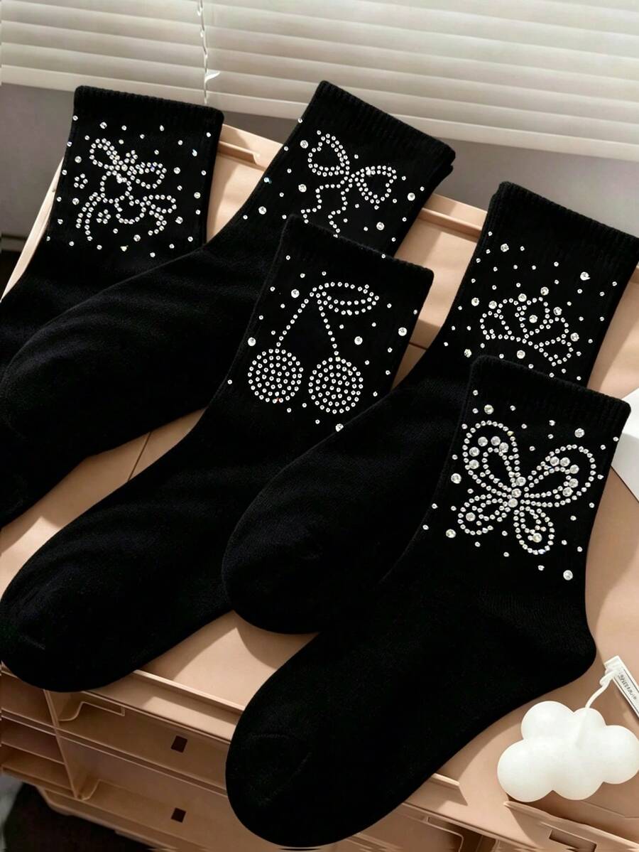 5 Pairs Kids Boat Socks, European & American Style Printed & Rhinestone Socks, Rhinestone Design Teenage Socks, Sweet Lady Princess Girl Gift, Back To School Student Daily & Sports Ankle Socks - Black - View 1