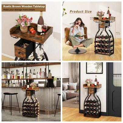 Wine Rack Freestanding Floor, Wine Storage 15 Bottles Bottle Rack With Glass Holders, Bar Wine Cabinet With Storage Drawer Home Bar Kitchen Dining Room, Rustic Brown, TMJ908H