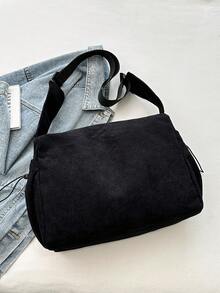 Unisex Corduroy Large Capacity Crossbody Bag, Multi-Pocket Drawstring Strap Shoulder Bag, College Style Suitable For University Students - Black - View 5