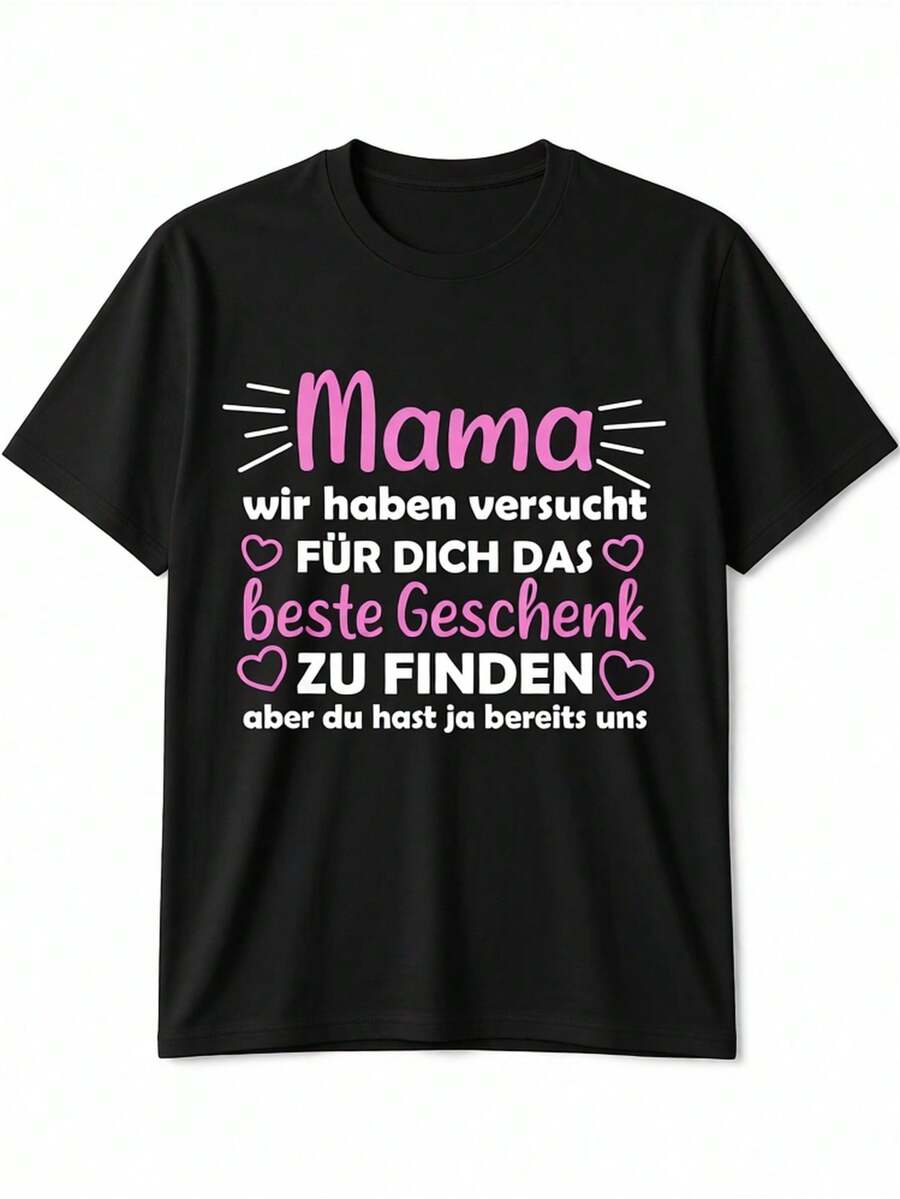 [Print Design]Women's German "Mama Ist Die Beste Mutter Der Welt" T-Shirt - Funny 'Mom Is The Best Mother' Slogan With Heart & Mustache Print, Casual Round Neck Short Sleeve Black Top, Machine Washable Gift Suitable For Casual Wear & Mother's Day Outfits - Hoa - Xem 1