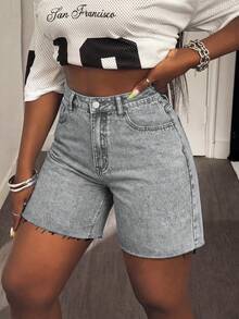 Plus Size Light Grey Distressed Frayed High Waist Stretchy Denim Capri Shorts, Suitable For Dates, Outings, Summer Chic, Slimming, Retro Versatile All-Match Casual - Light Gray - View 8