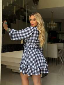 Women's Short Checkered Dress With Puff Sleeves And Layered Skirt, Sizes 38 To 44. - trắng - Xem 2