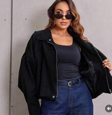Women's Bomber Jacket, Winter Coat, Long Sleeve Batwing Jacket In Suede Fabric - 黑色 - 查看 2