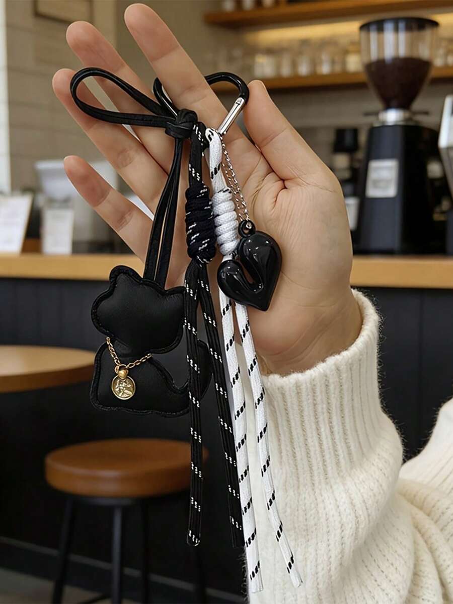 PU皮革貓咪造型鑰匙圈,時尚愛心裝飾搭配流蘇,三角形彈簧扣設計,創意女性時尚配件,手提包與後背包裝飾吊飾,汽車鑰匙裝飾鑰匙圈,包包掛飾-錢包掛飾-包包掛飾-鑰匙圈掛飾-手機掛飾,女性夏季包包掛飾,度假必備,行李箱/包包配件/包包掛飾 - 彩色 - 查看 1