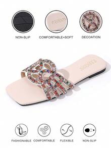 Sandal đế bằng nữ màu trơn phong cách Boho lấp lánh pha lê rỗng, thích hợp cho các dịp lễ, đám cưới, đi học, du lịch, hoạt động ngoài trời vào mùa xuân và mùa hè, kiểu sandal đế bằng hở mũi, thoải mái và đa năng. - Màu be - Xem 2