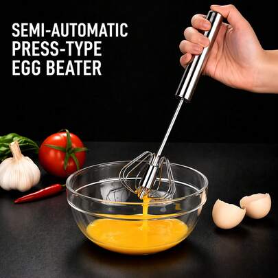 1pc Stainless Steel Semi-Automatic Egg Beater Handheld Press, Home Manual Egg Mixer Rotating Cream Baking Tool, Stirring Rod Cream Multifunction Whip Mixer Handheld Baking Egg Separator, Suitable For Home Use, Baking, Kitchen, Restaurant