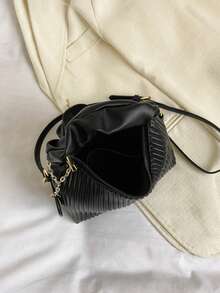 Túi xách kẻ sọc dọc mới, thời trang và đa năng, túi đeo chéo một bên vai (có mặt dây chuyền) - màu đen - Xem 6