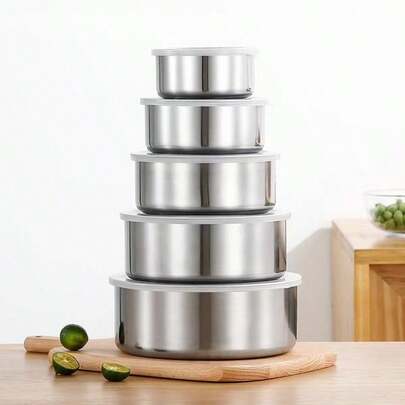 5pcs Leak-Proof Stainless Steel Food Box, Household Food Storage Container With Reusable Lid - Home Kitchen Crisper Bowl For Preservation - Kitchen Accessories