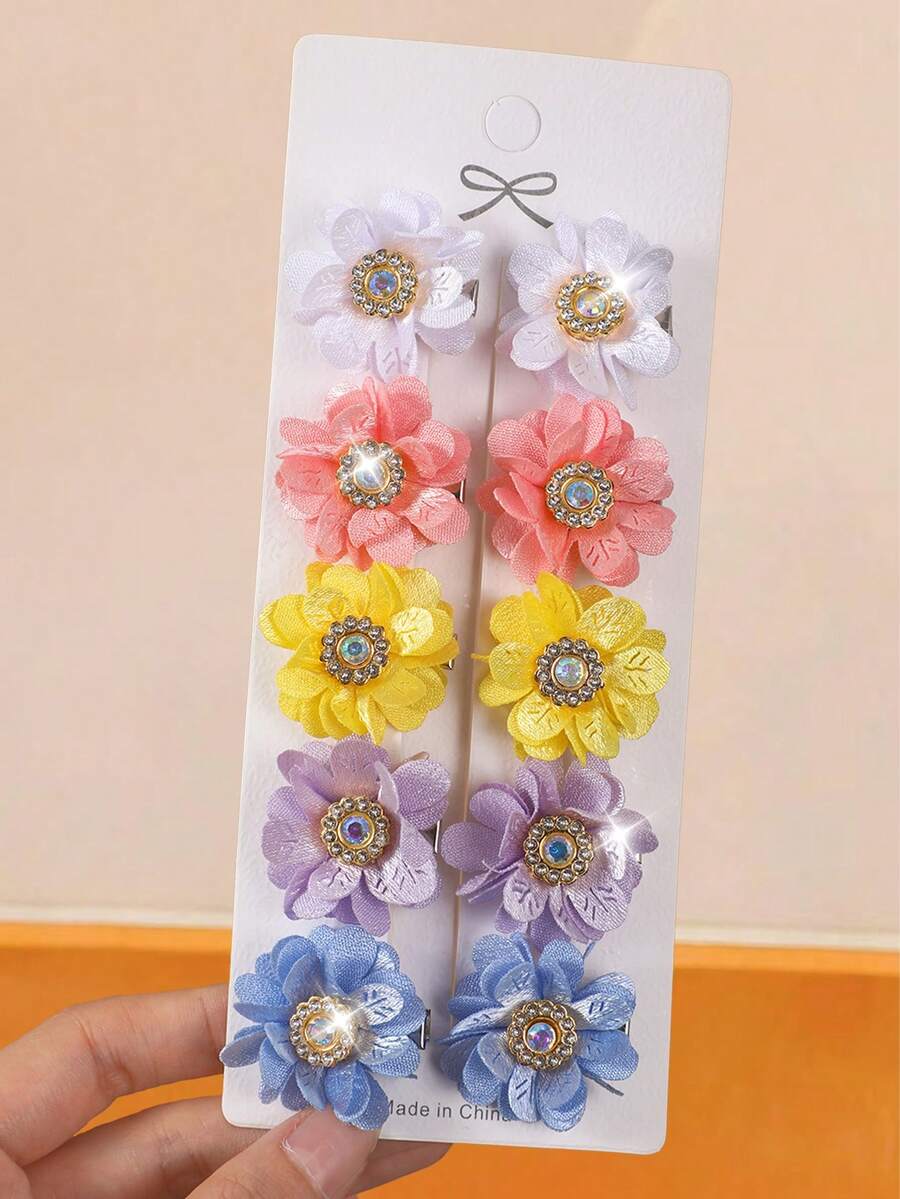 10 pièces Pinces à cheveux fleuries avec perles et strass colorés, pinces minimalistes pour les franges latérales, accessoires doux pour filles, polyvalents pour un usage quotidien, cadeau, voyage, anniversaire - Multicolore - Voir 1