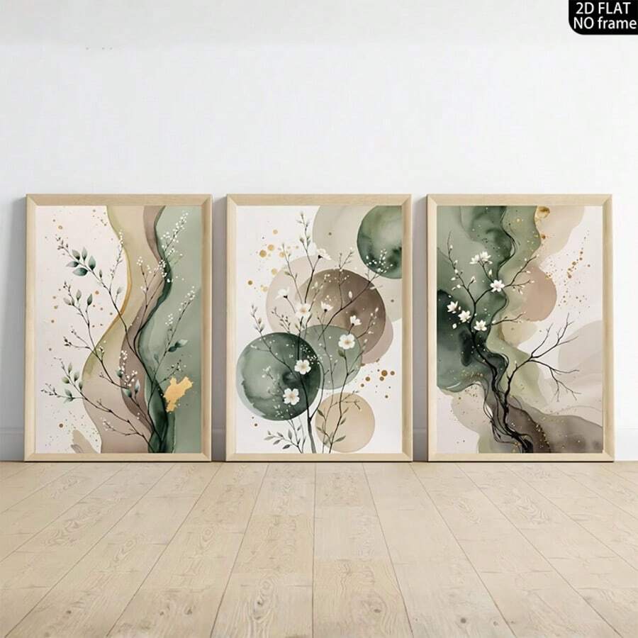 Juego de 3 piezas de arte de pared minimalista moderno con impresión de plantas en acuarela, pintura botánica floral abstracta en verde salvia y beige para decoración de hogar, póster de impresión de plantas abstractas, pintura de plantas verdes, regalo perfecto sin marco - Multicolor - Ver 1
