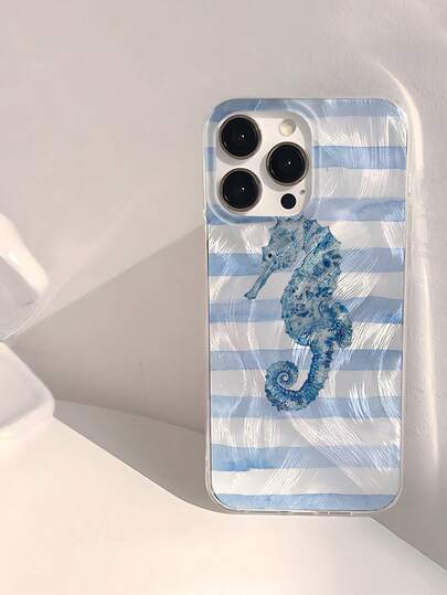 1pc Watercolor Blue Striped Seahorse Pattern Waterproof Anti-Fingerprint Anti-Scratch Transparent IMD Soft Glossy Smooth Phone Case, Suitable For Confession, Friends, Family, Couples, Birthday, Holiday Gifts, Compatible With IPhone 17/17 PLUS/17 PRO/17 PRO MAX