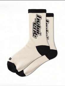 1 Pair Men's Mid-Calf Cotton Socks With "HOPE PEACE" Letter Print, Black And White Colorblock, Durable And Versatile - Multicolor - View 8