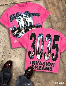 Valley Dreams Statue Of Liberty & City Explosion & "3035 INVASION DREAMS" Text 230g Combed Washed Cotton T-Shirt, Street Short-Sleeve Top, American - 紅色 - 查看 11